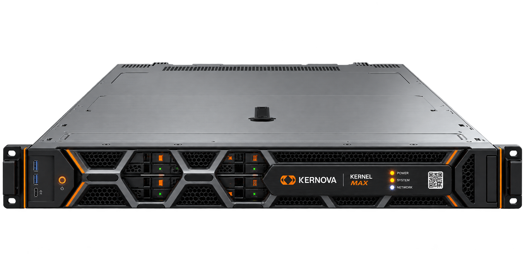 Hardware Kernova Max real, servidor de rack com acabamento grafite e detalhe laranja